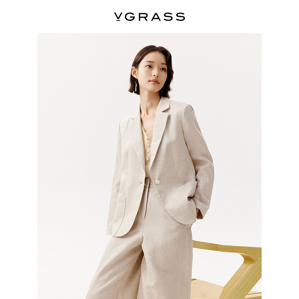 VGRASS法国亚麻收腰西装外套
