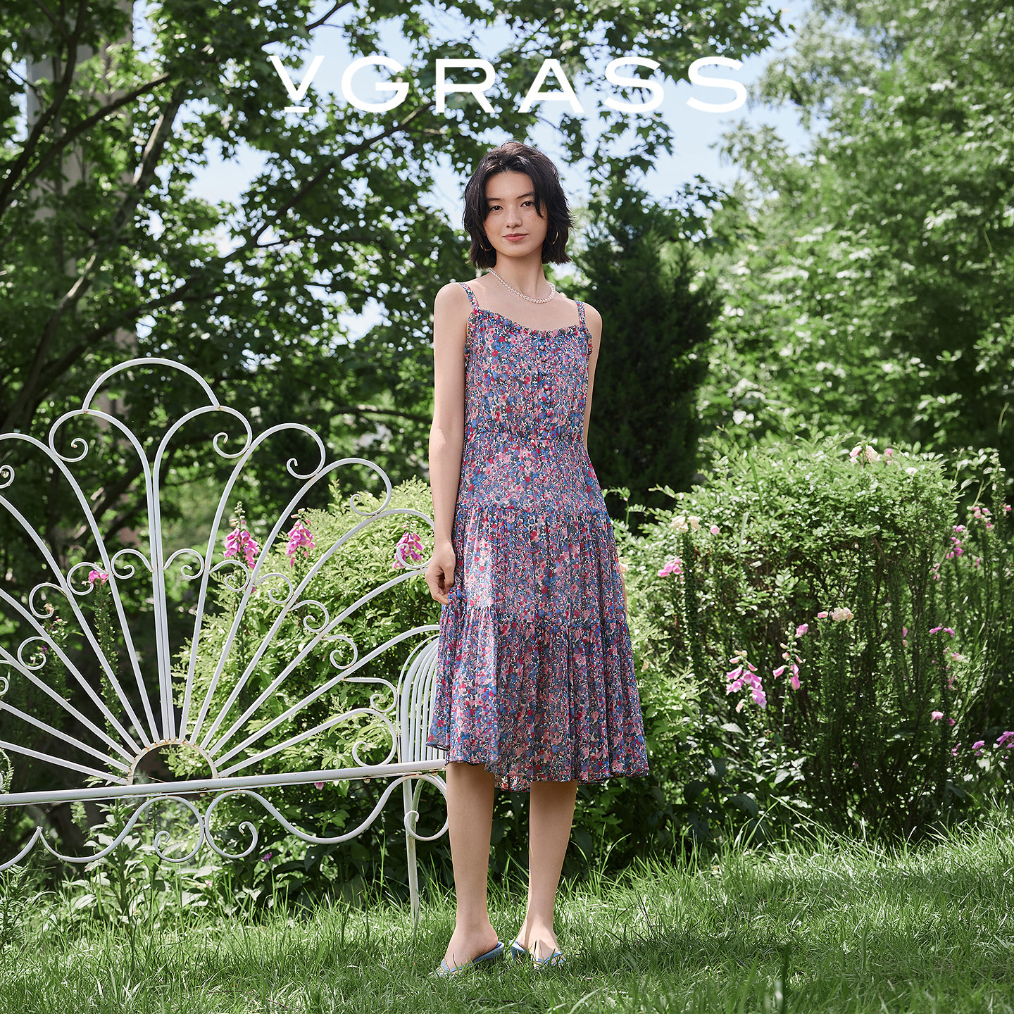 【浅夏织梦】VGRASS维格娜丝桑蚕丝吊带碎花绝美薄纱花卉连衣裙女