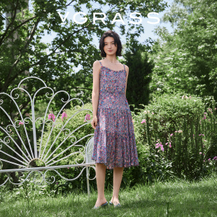【浅夏织梦】VGRASS维格娜丝桑蚕丝吊带碎花绝美薄纱花卉连衣裙女