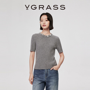 VGRASS26春季新款手工珠管钉花装饰领羊绒竖坑条短袖针织衫女