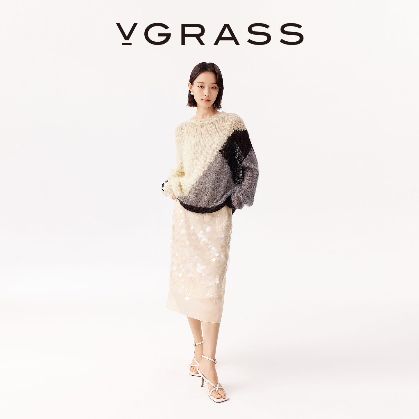 VGRASS亮片绣花尼龙半身裙