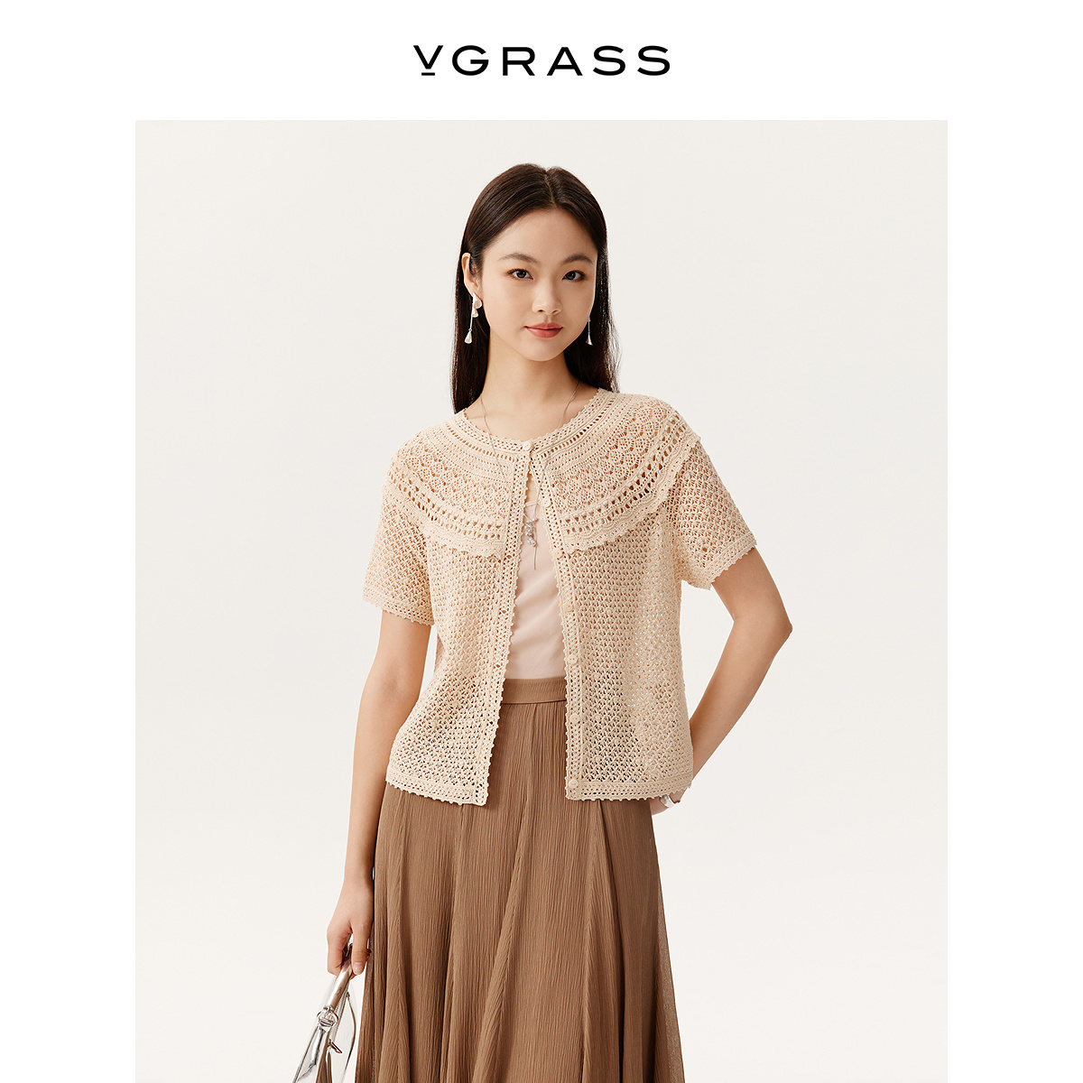 VGRASS和纸纱针织短袖开衫