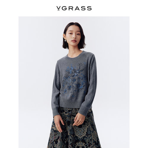 VGRASS丝羊绒羊毛刺绣针织衫