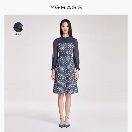 VGRASS法式慵懒撞色真丝气质连衣裙女春季新款高级感VSL2O11140