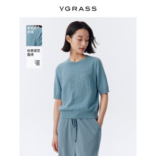 VGRASS羊毛羊绒浮雕感绣花针织衫