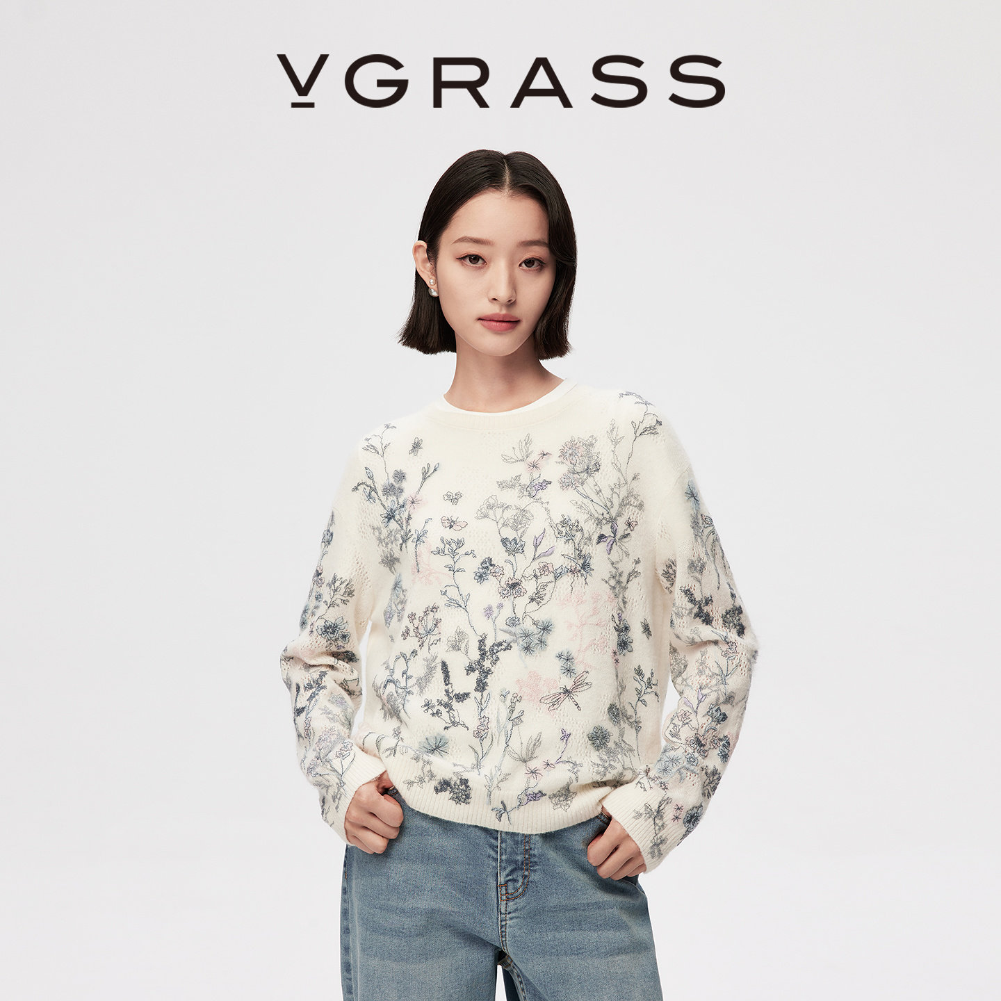 VGRASS26春新款绵羊毛混纺含羊驼毛绣花长袖针织衫圆领女套头上衣