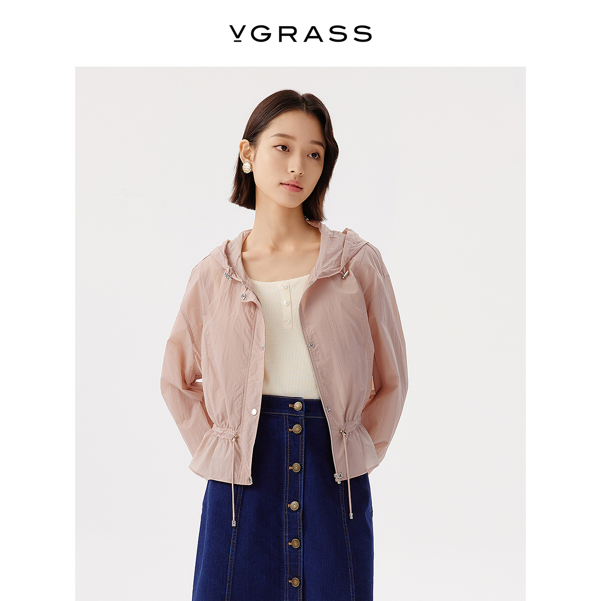 VGRASS艺术镂空双向拉链连帽开衫