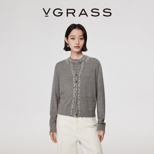 VGRASS精配比纱线夹花针织开衫