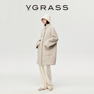大衣外套女 连肩袖 VGRASS25冬新款 绵羊毛混纺圈圈呢宽松立领中长款