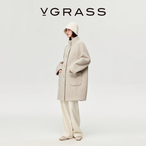 VGRASS绵羊毛混纺连肩袖大衣