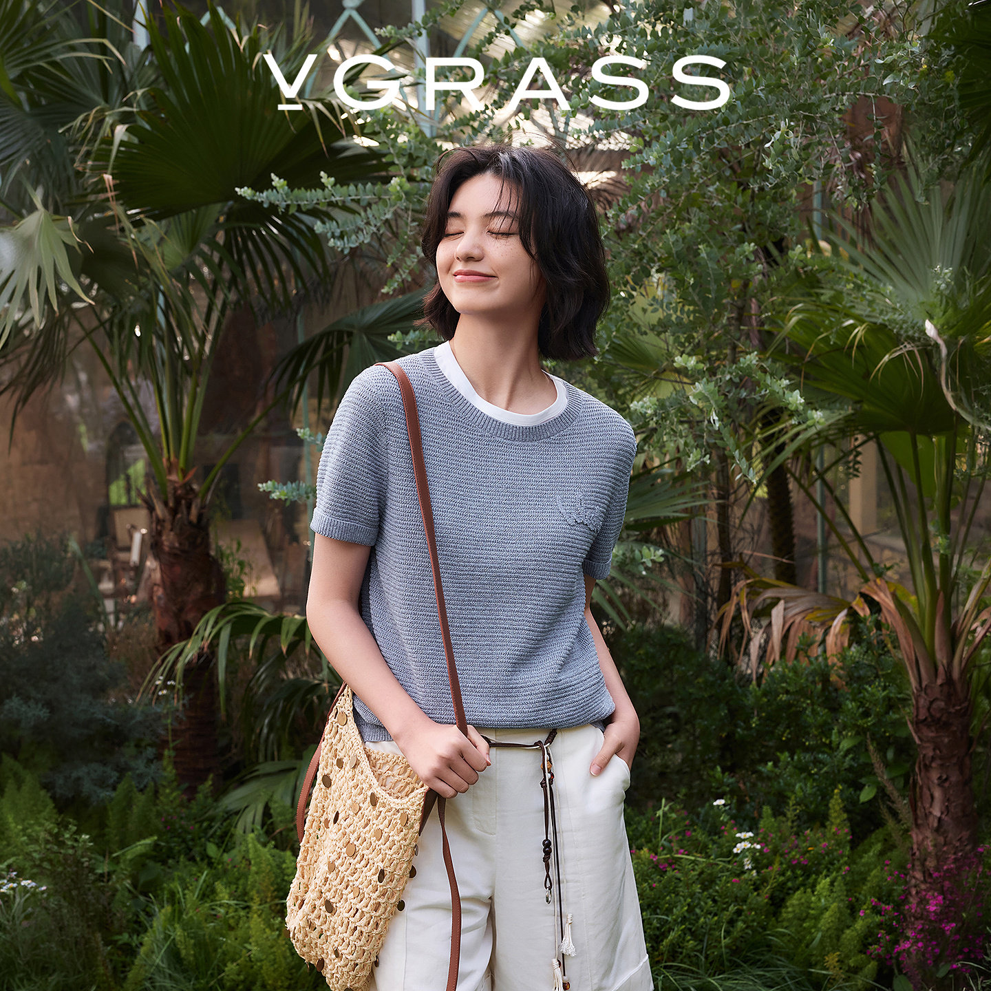 VGRASS维格娜丝26夏季新品“空气感”混色合股纱肌理感短袖针织衫