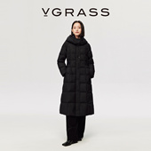 VGRASS25冬新款 定位绣花90白鹅绒分格绗缝长款 连帽羽绒服外套女