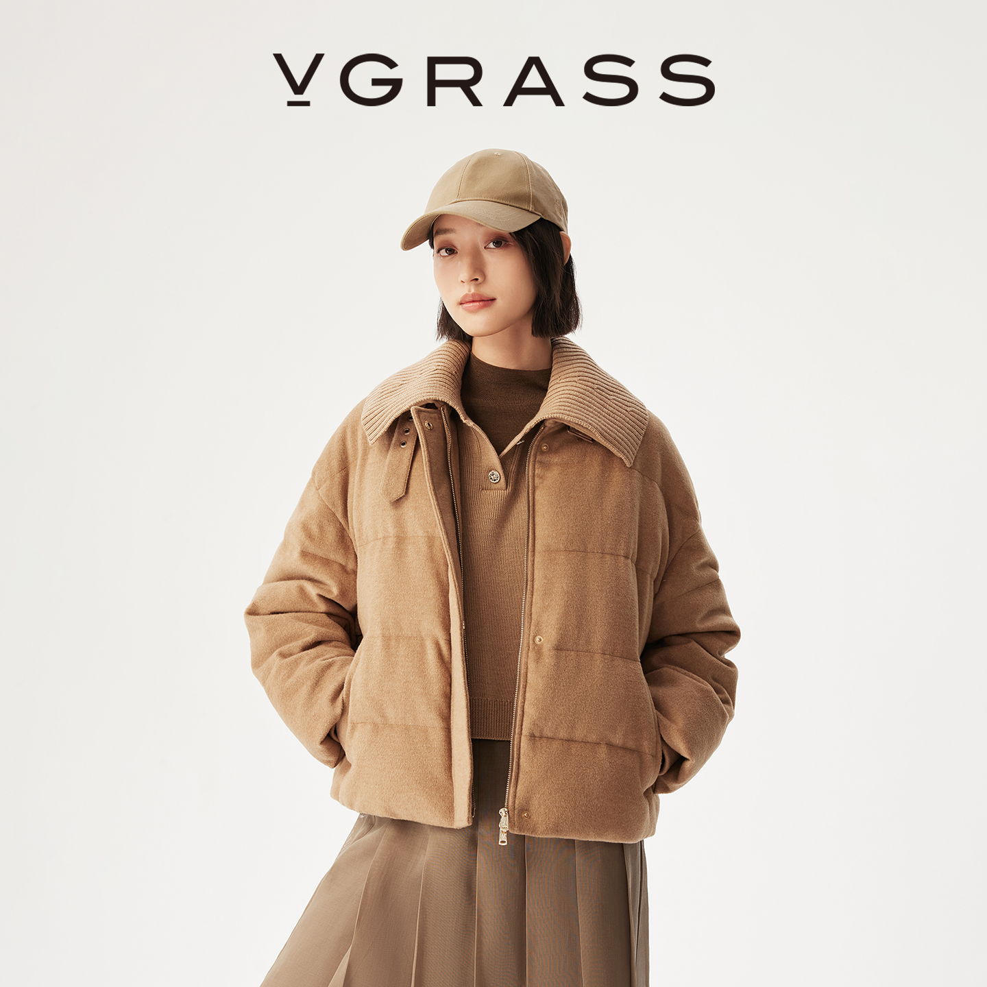 【丝驼绒】VGRASS25冬新款骆驼绒混纺90白鹅绒两件套羽绒服卡其女