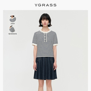 VGRASS时髦点彩纱黑白条纹针织衫女秋季新款短袖针织衫VZZ3O30980