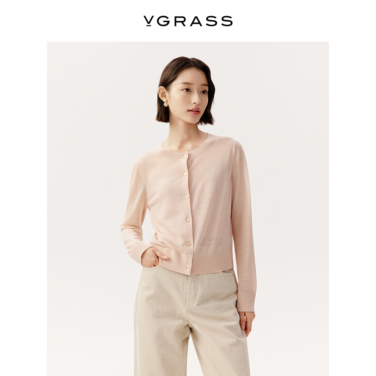 VGRASS丝羊毛圆领云朵感针织开衫