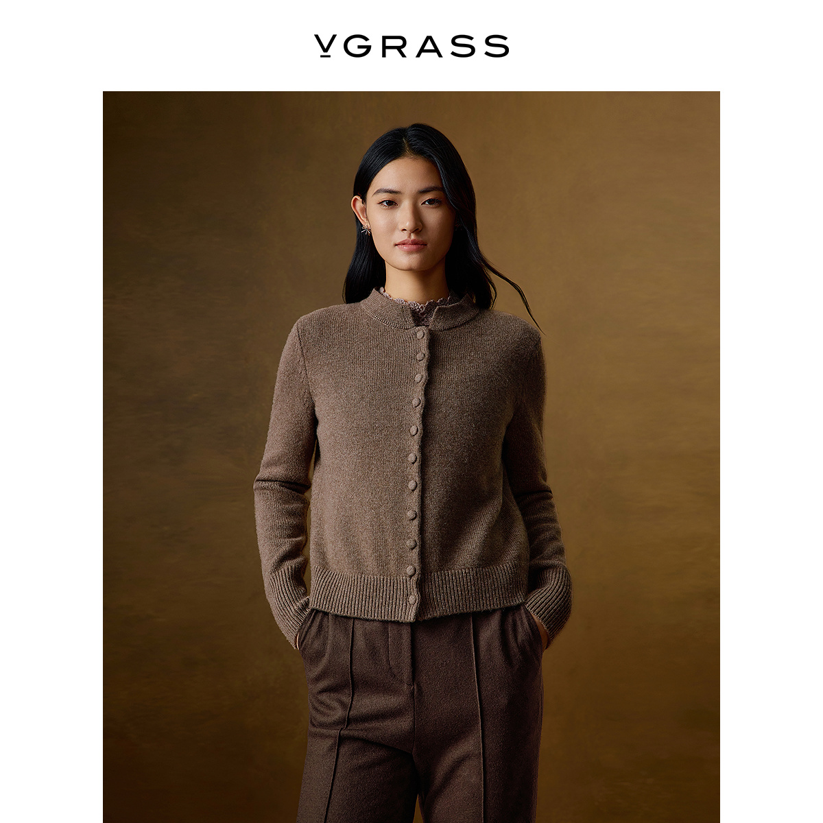 VGRASS100%羊绒中式立领针织开衫