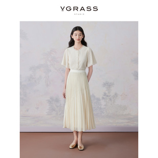 新款 VGRASS新中式 上衣女24年夏季 花蕾边含桑蚕丝短袖 高端奢华衬衫