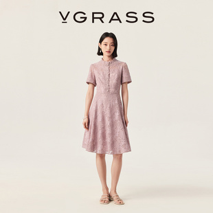 重工激光绣蕾丝立领收腰优雅连衣裙短袖 VGRASS维格娜丝26夏季 新款