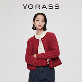 鎏金香榭 VGRASS26春季 新款 红色花式 纱手钩花边小香风针织开衫