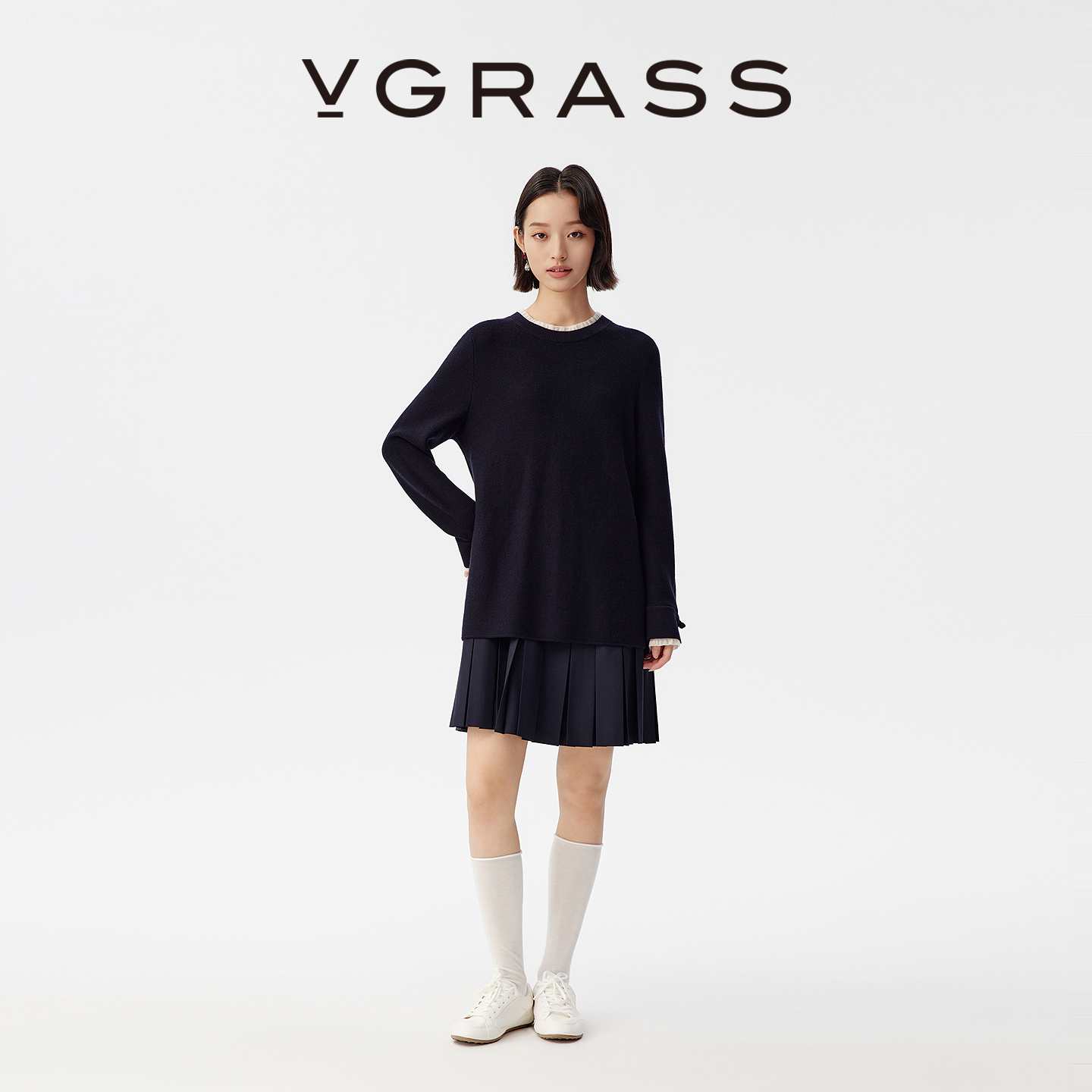 VGRASS优雅针梭镶拼假两件连衣裙