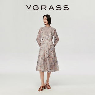 VGRASS25秋冬新款 连衣裙 定位水溶蕾丝绣浪漫飘逸真丝乔其收腰X版