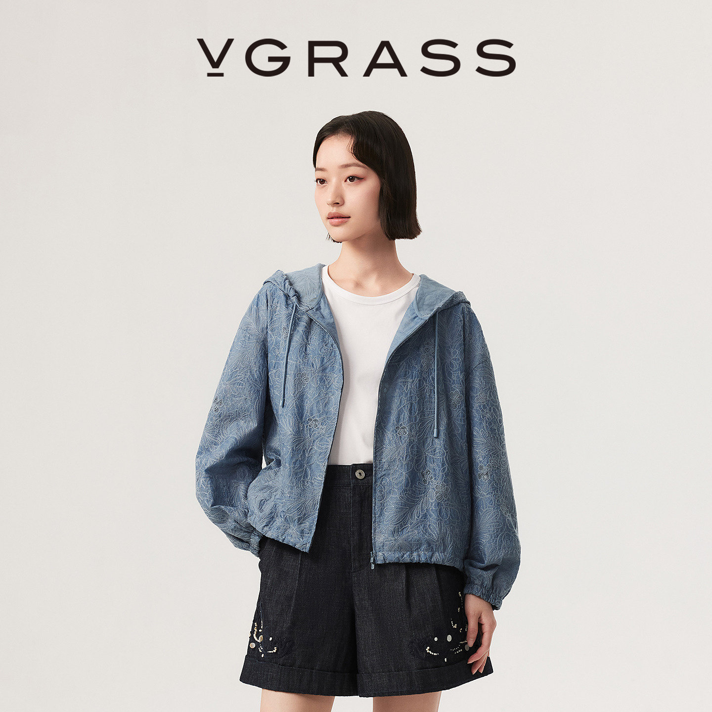 VGRASS维格娜丝26夏季新品UPF50+花卉线描提花连帽外套防晒衣