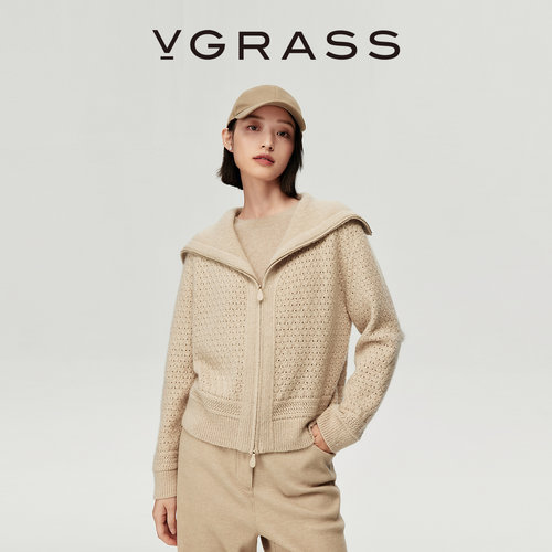 VGRASS绵羊毛混纺双拉链针织开衫