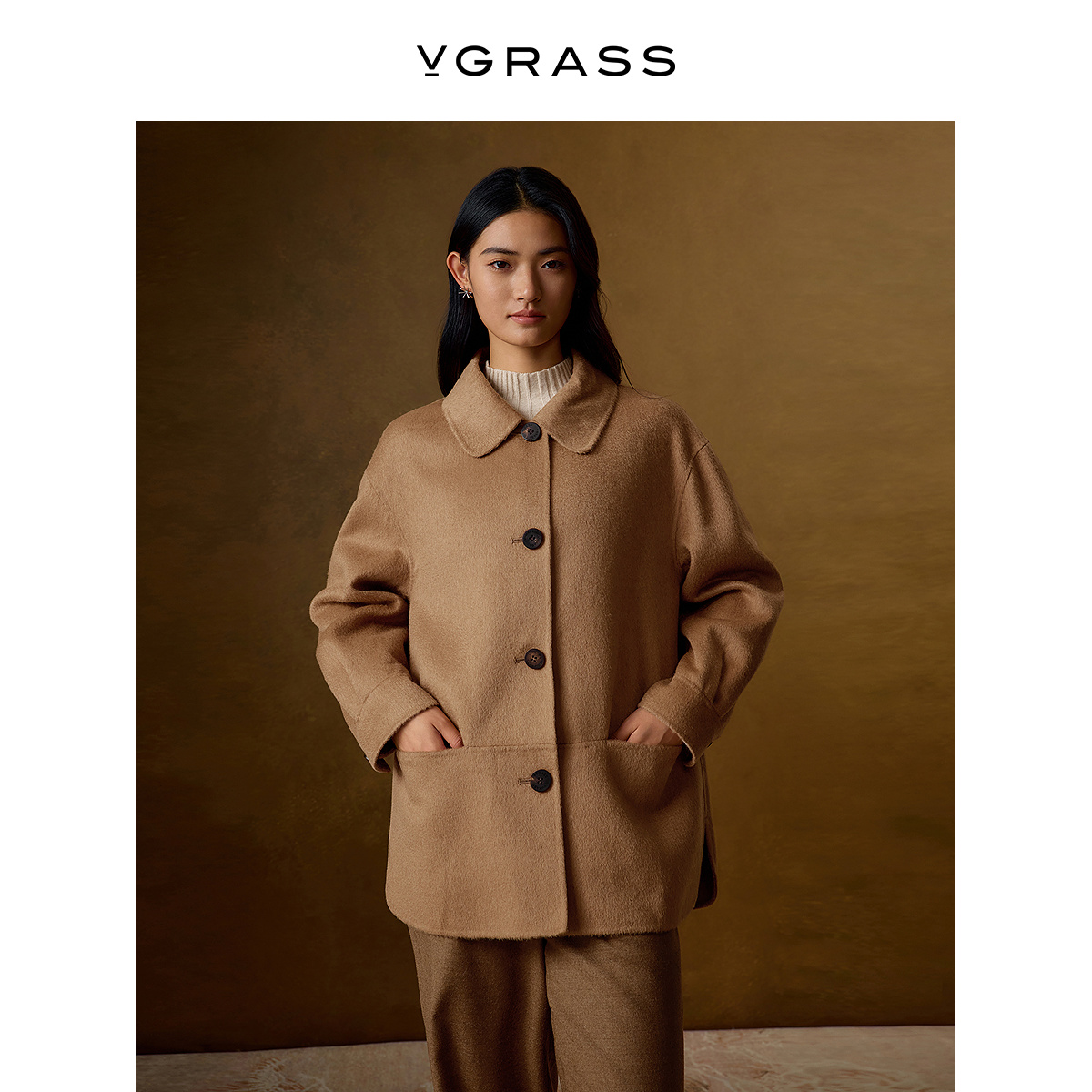 VGRASS骆驼绒翻领6分长外套