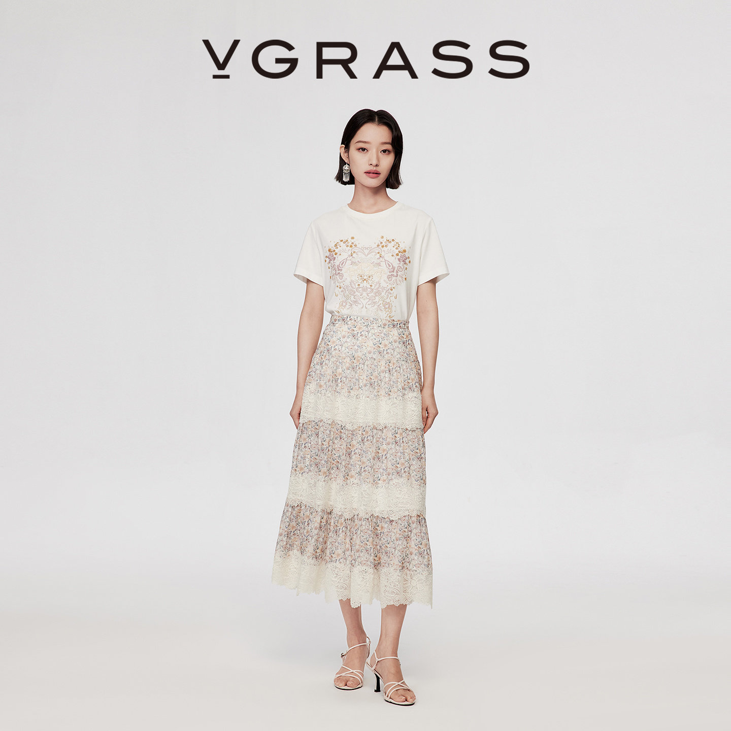 VGRASS26春季新款浪漫春日氛围真丝雪纺/蕾丝拼接A字大摆MIDI半裙