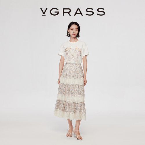 VGRASS真丝雪纺蕾丝拼接MIDI半裙