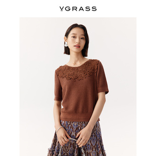 女 丝棉合股纱混色手钩领合身显瘦针织短袖 VGRASS维格娜丝夏季 新款