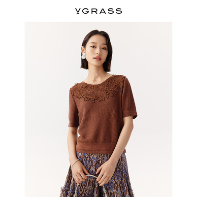 VGRASS丝棉合股纱手钩领针织开衫