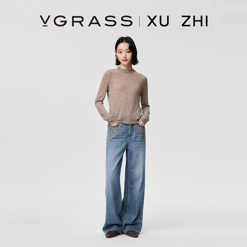VGRASS绣花叠加手工钉珠牛仔裤
