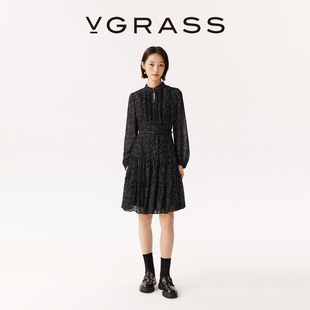 连衣裙 中长款 VGRASS秋冬新款 绚烂时髦烂花肌理丝绒感收腰长袖