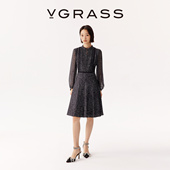 VGRASS秋冬新款 粗花呢感印花16MM斜纹绸拼通透乔其连衣裙 时尚
