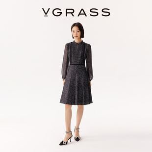 VGRASS秋冬新款 粗花呢感印花16MM斜纹绸拼通透乔其连衣裙 时尚