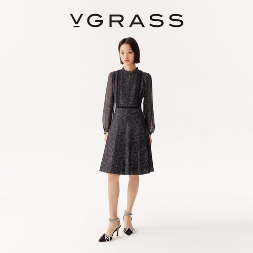 VGRASS斜纹绸拼接乔其连衣裙