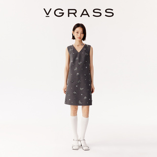 背心裙 连衣裙无袖 VGRASS25秋冬新款 针织感罗纹布手工定位钉珠时尚