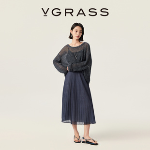 VGRASS维格娜丝26夏季 不规则高温压褶浪漫清爽牛仔色网纱半裙 新款