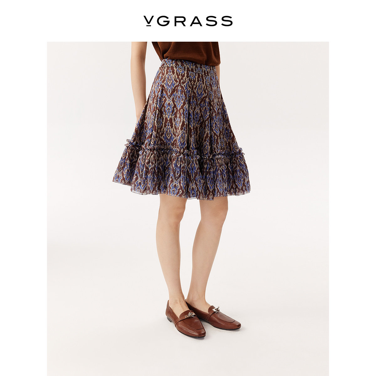 VGRASS维格娜丝夏季新款立体A字伞裙印花短裙拼接带内衬半身裙女