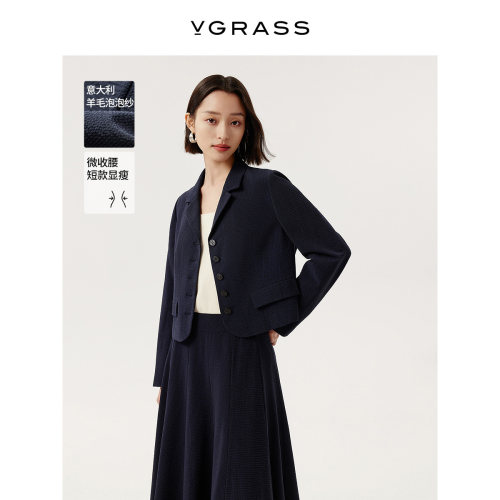 VGRASS短款羊毛泡泡纱西装外套