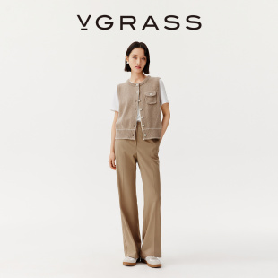 VGRASS秋冬新款 女 清爽绵羊毛混纺遮肉显瘦挺缝线休闲高腰小脚长裤