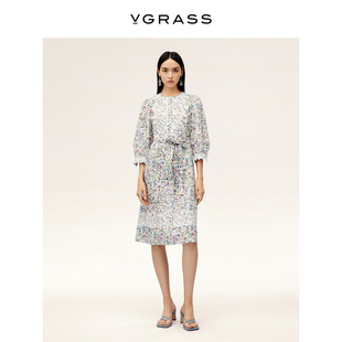 VGRASS维格娜丝夏季 进口蕾丝中长裙浮雕印花收腰系带连衣裙 新款