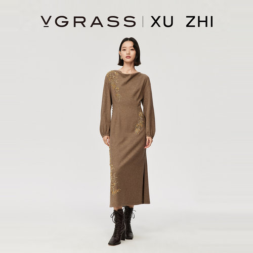 VGRASS手工钉珠绵羊毛混纺连衣裙