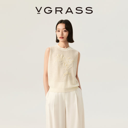 VGRASS盘绳绣亚麻针织无袖背心