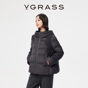 【丝驼绒】VGRASS25冬新款90鹅绒绗缝桑蚕丝骆驼绒连帽绣花羽绒服