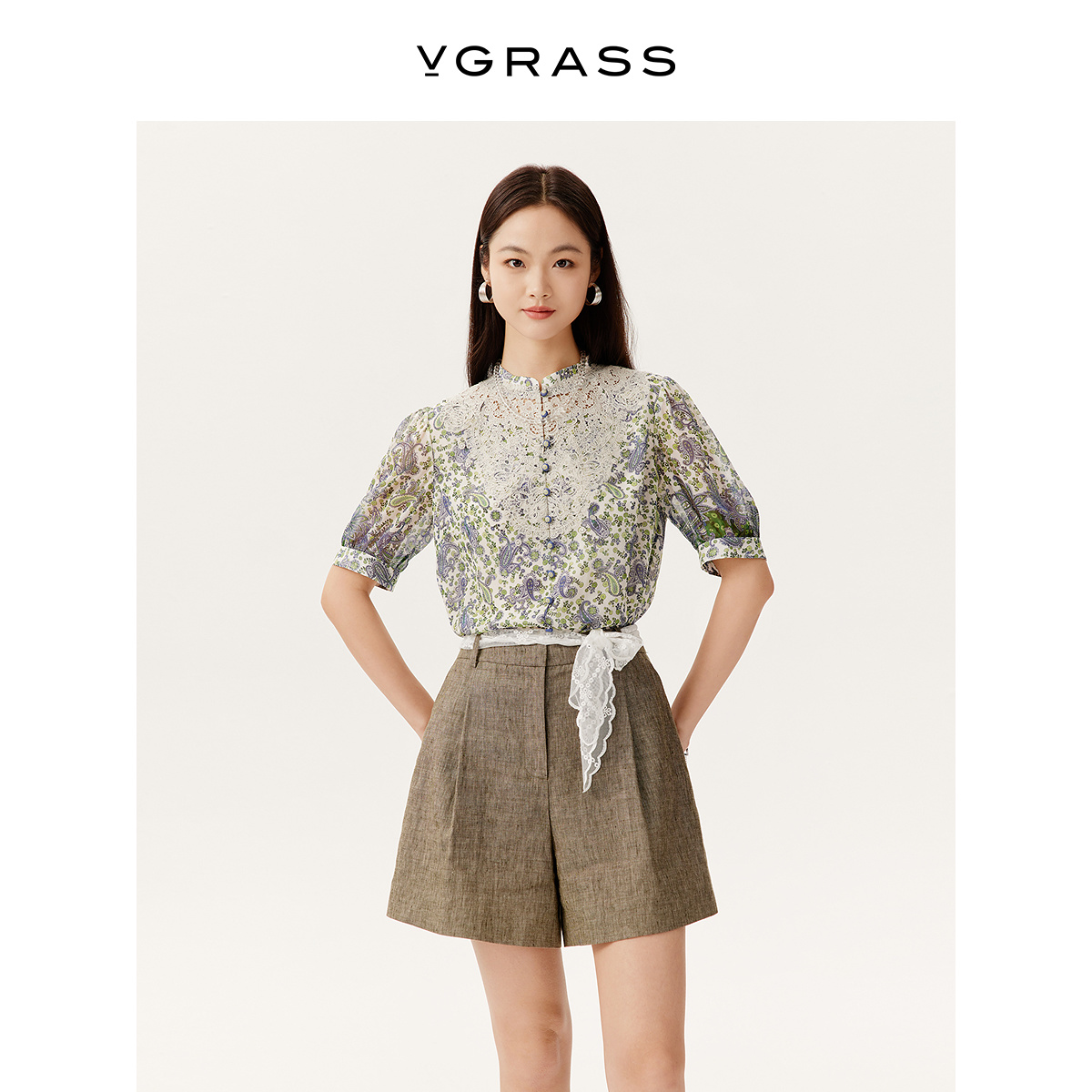 VGRASS桑蚕丝定位印花叠绣上衣