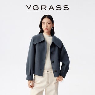 VGRASS25秋冬新款 复古大翻领羊毛混纺双面呢短大衣外套女慵懒气质