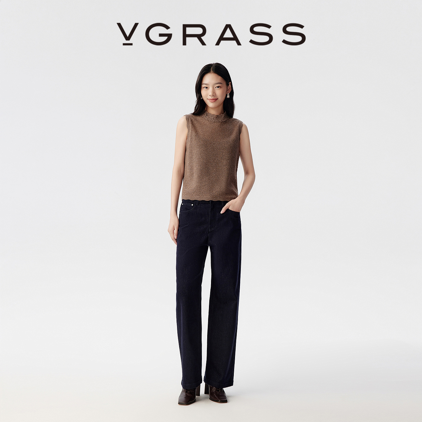 VGRASS棉混纺宽松休闲牛仔裤