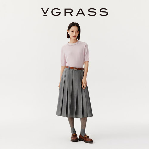 VGRASS定位褶夹花混色miu系半裙